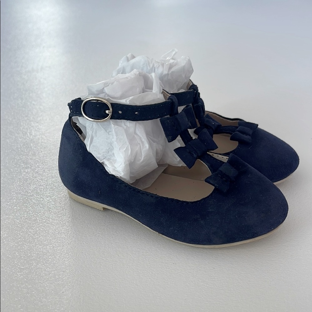 Janie and Jack Girls Suede Mary Jane T-Strap Bow Shoes Navy Buckle Close Size 5